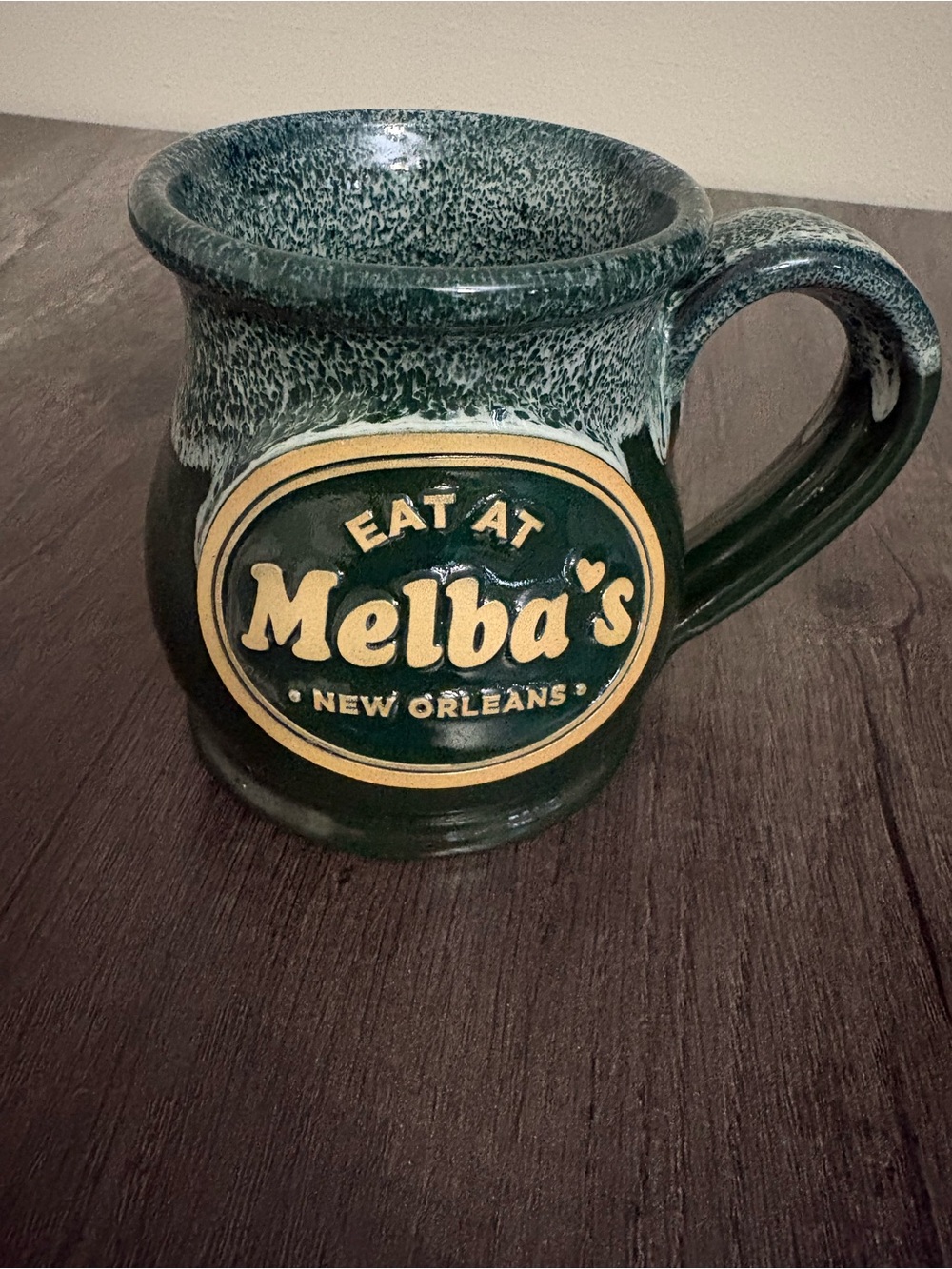 Green Ceramic Melba’s New Orleans  Coffee Mug with Speckled Glaze